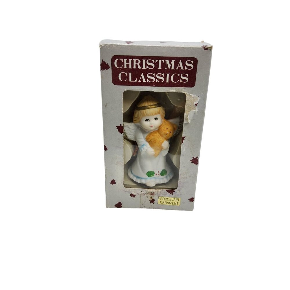 Vintage Christmas Classics Angel Holding Teddy Bear Bisque Porcelain Ornament